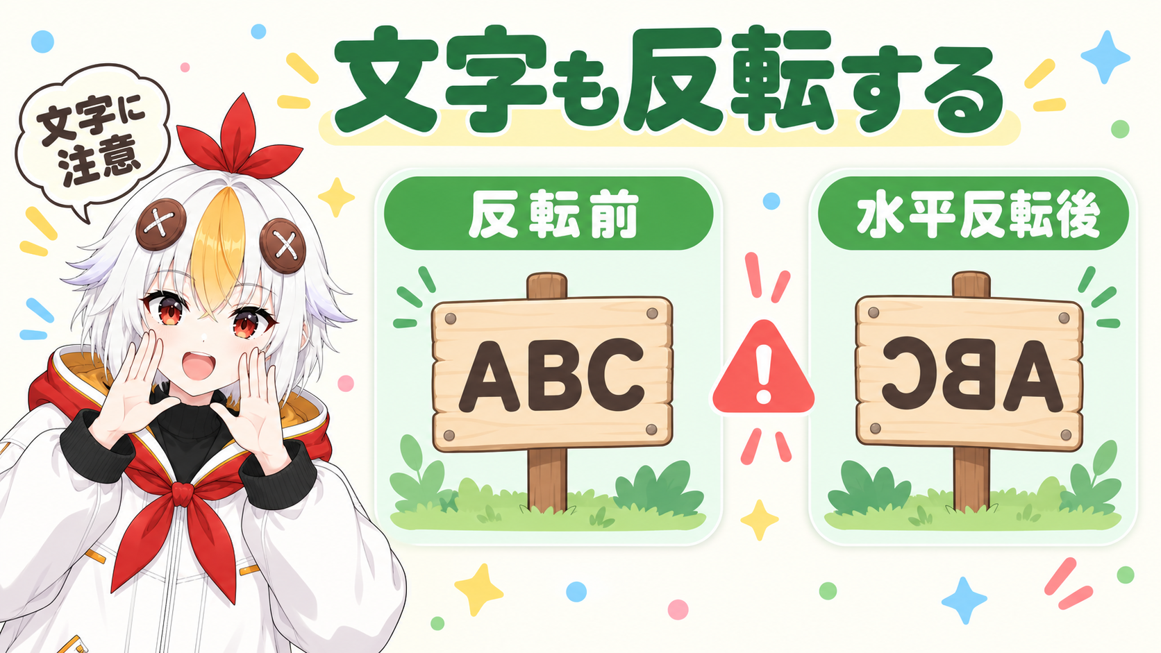 看板の文字が映った映像を水平反転すると、文字も左右が逆に映ることを示す前後の比較図