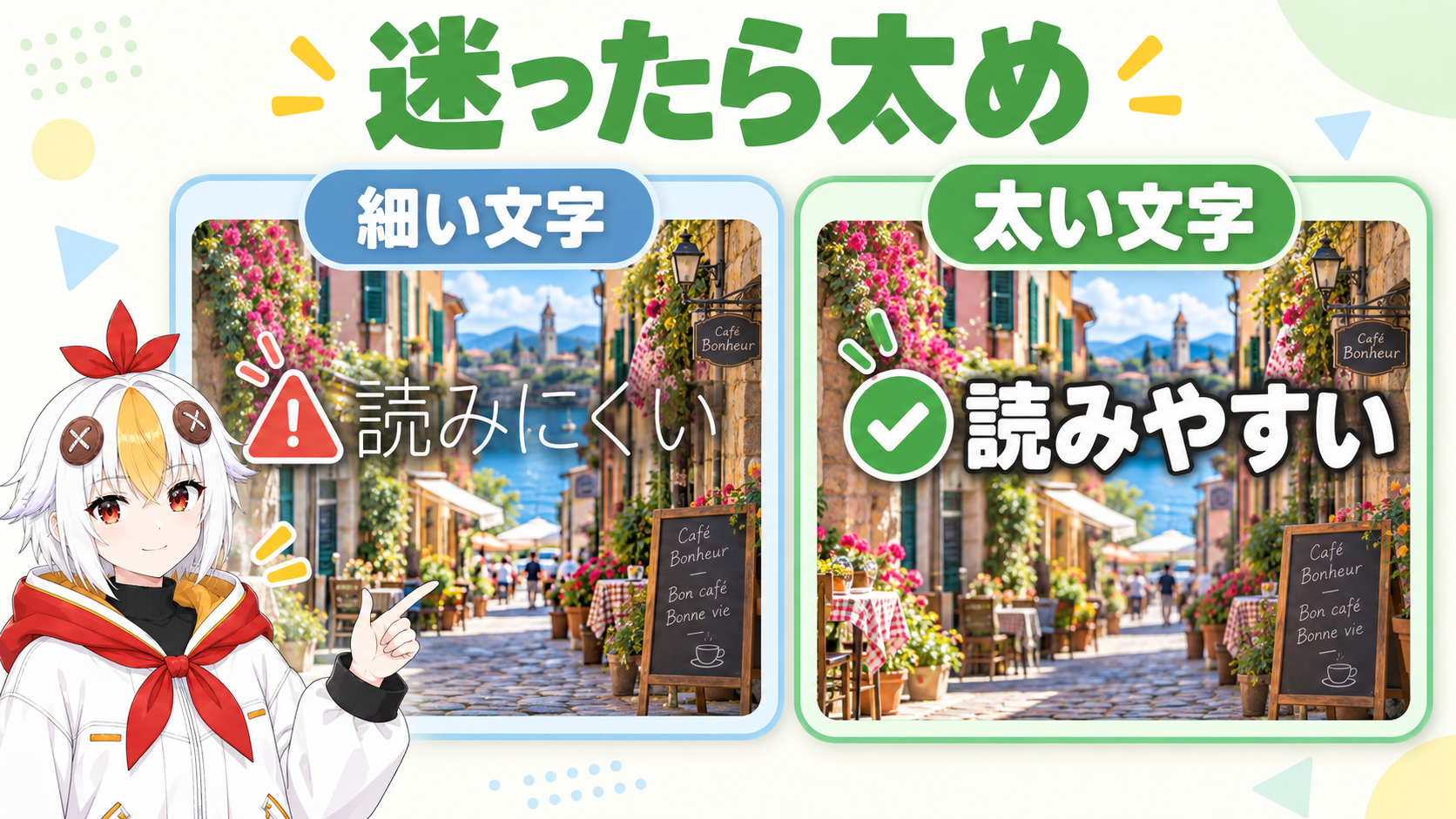 細い文字は動く映像の上で読みにくく、太い文字ははっきり読めることを、同じ言葉で比較するインフォグラフィック