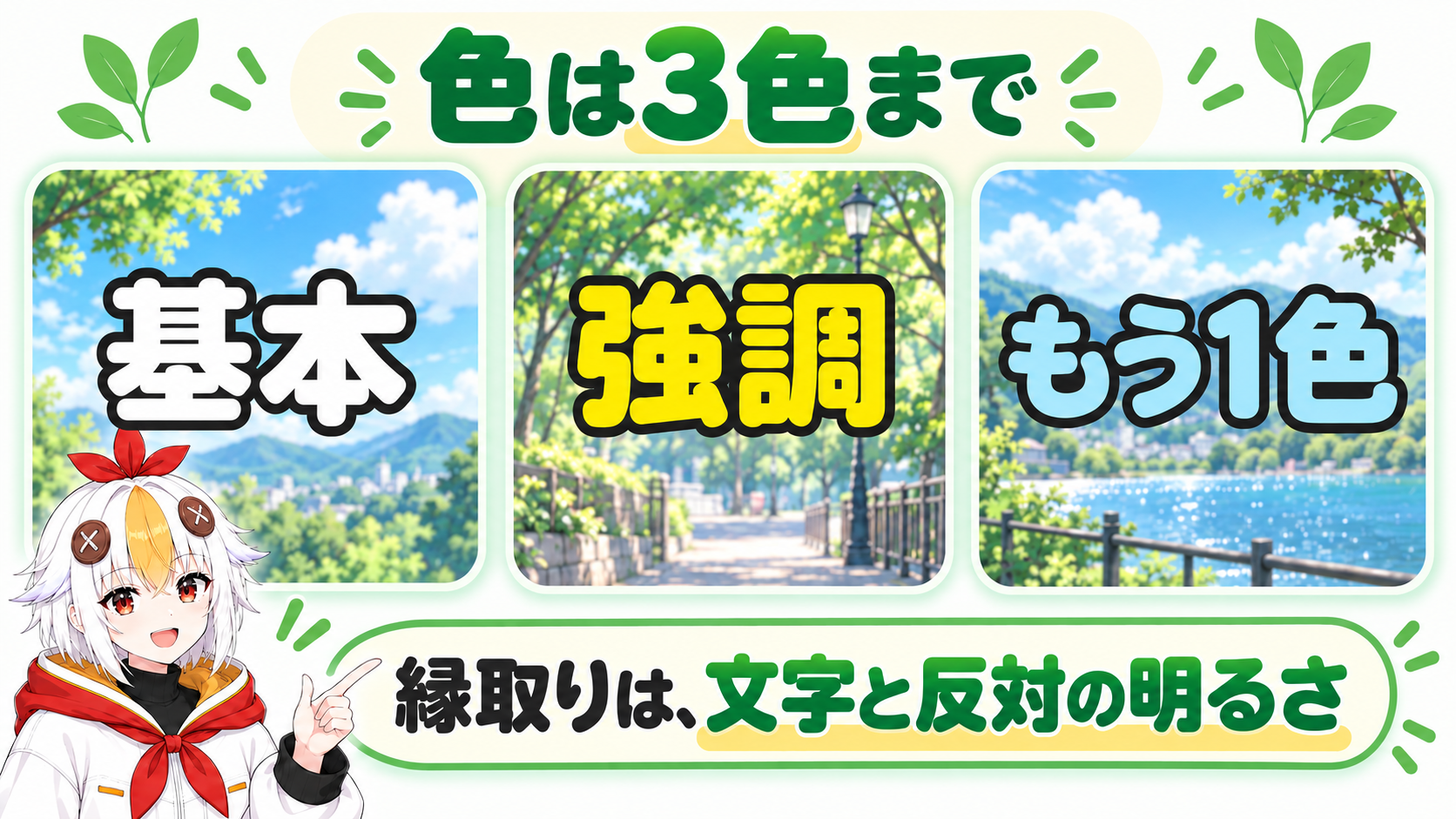 テロップの色は基本の色、強調の色、もう1色の3色までにし、文字と反対の明るさの縁取りで背景から浮かせることを示すインフォグラフィック