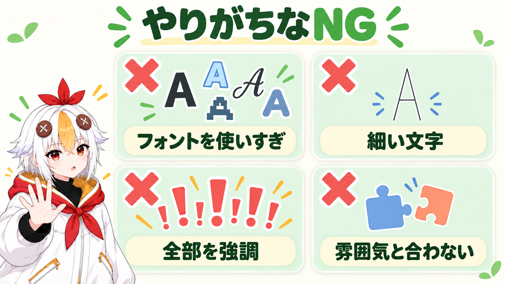 フォントを使いすぎる、細い文字を使う、全部を強調する、雰囲気と合っていないという4つのやりがちな失敗例を示すインフォグラフィック