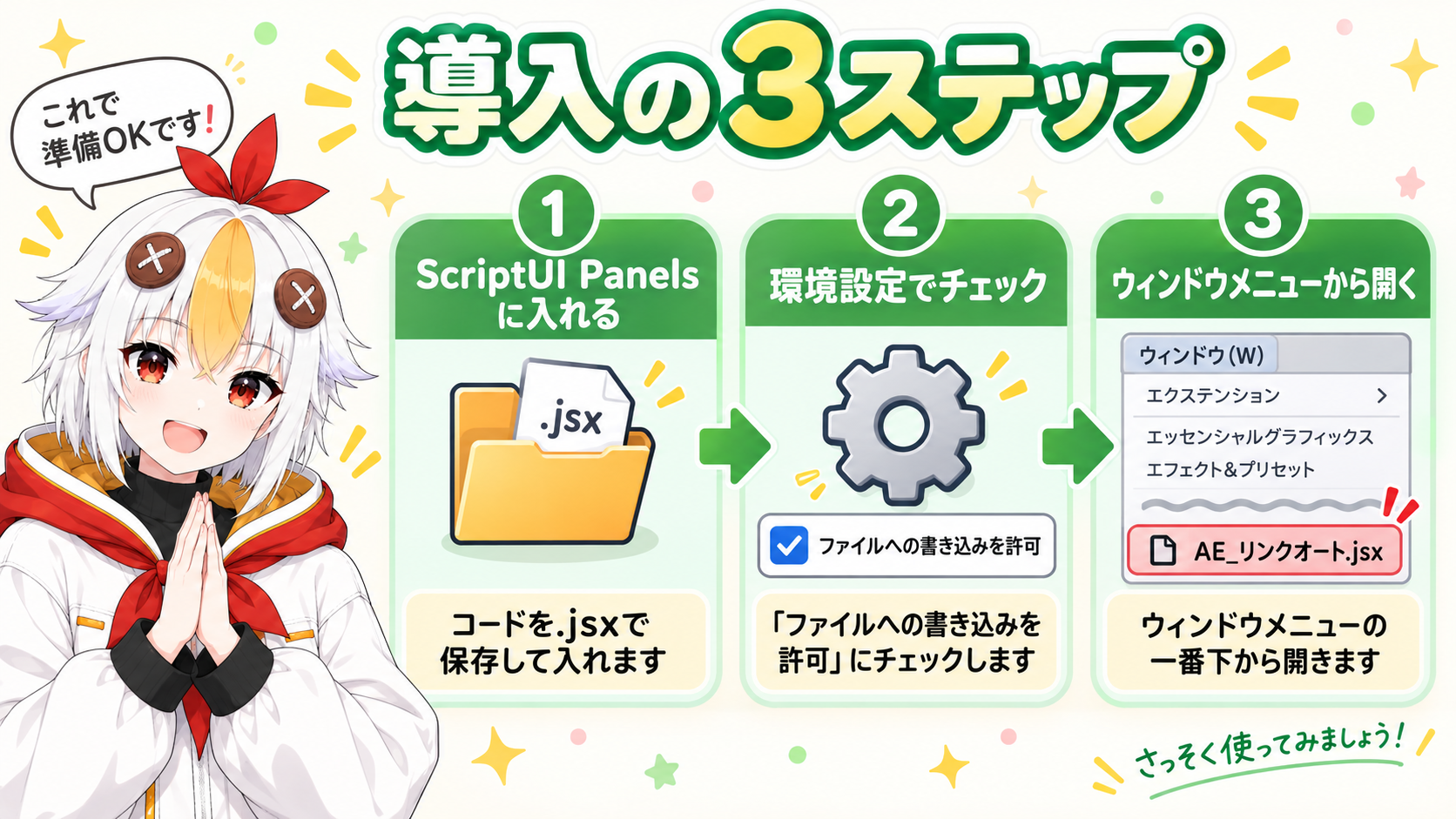 スクリプトをScriptUI Panelsフォルダに入れ、環境設定でファイル書き込みを許可し、ウィンドウメニューから開く導入手順のインフォグラフィック