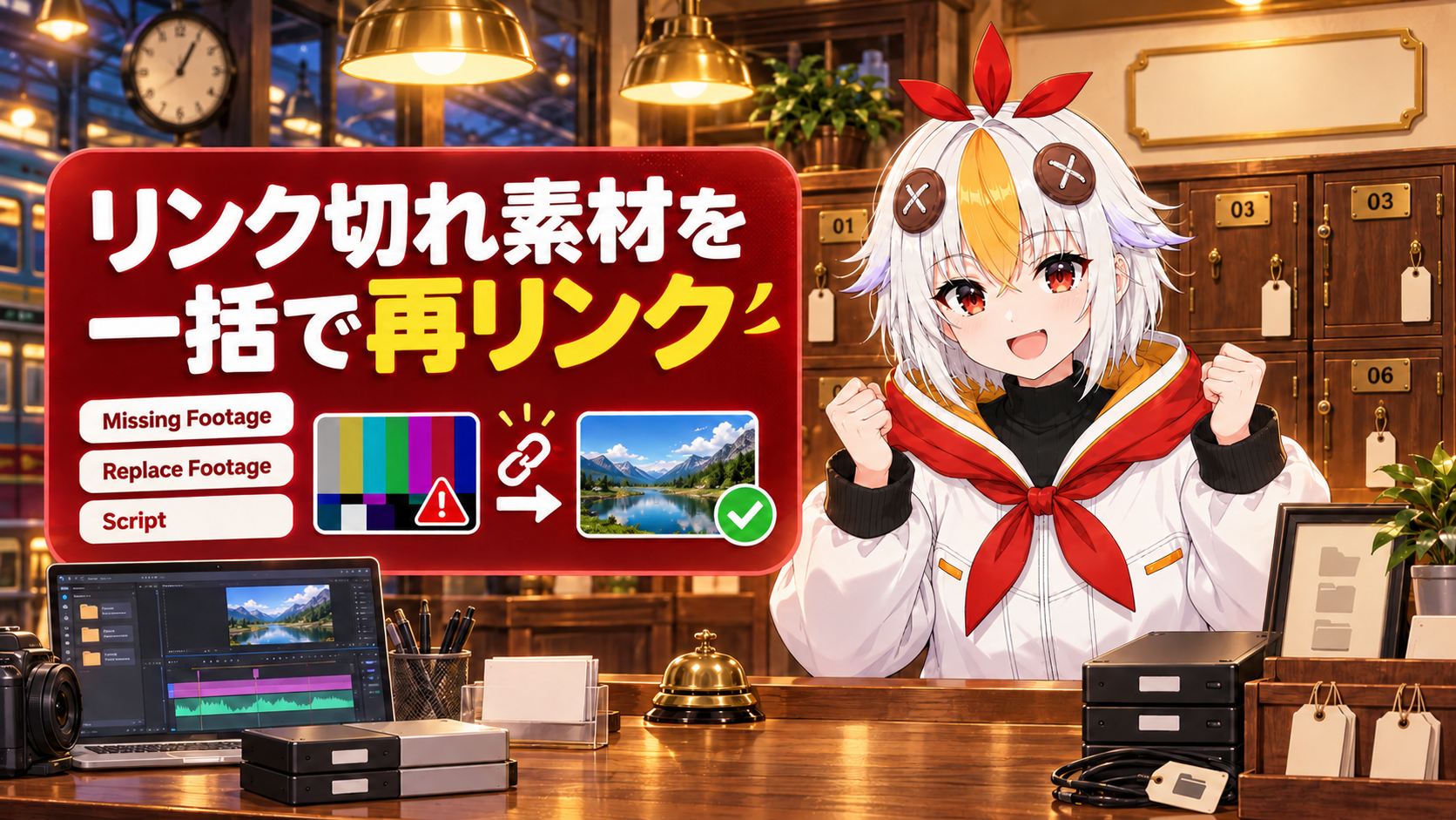 After Effectsの不明なフッテージを一括で再リンクするスクリプトを紹介するアイキャッチ画像