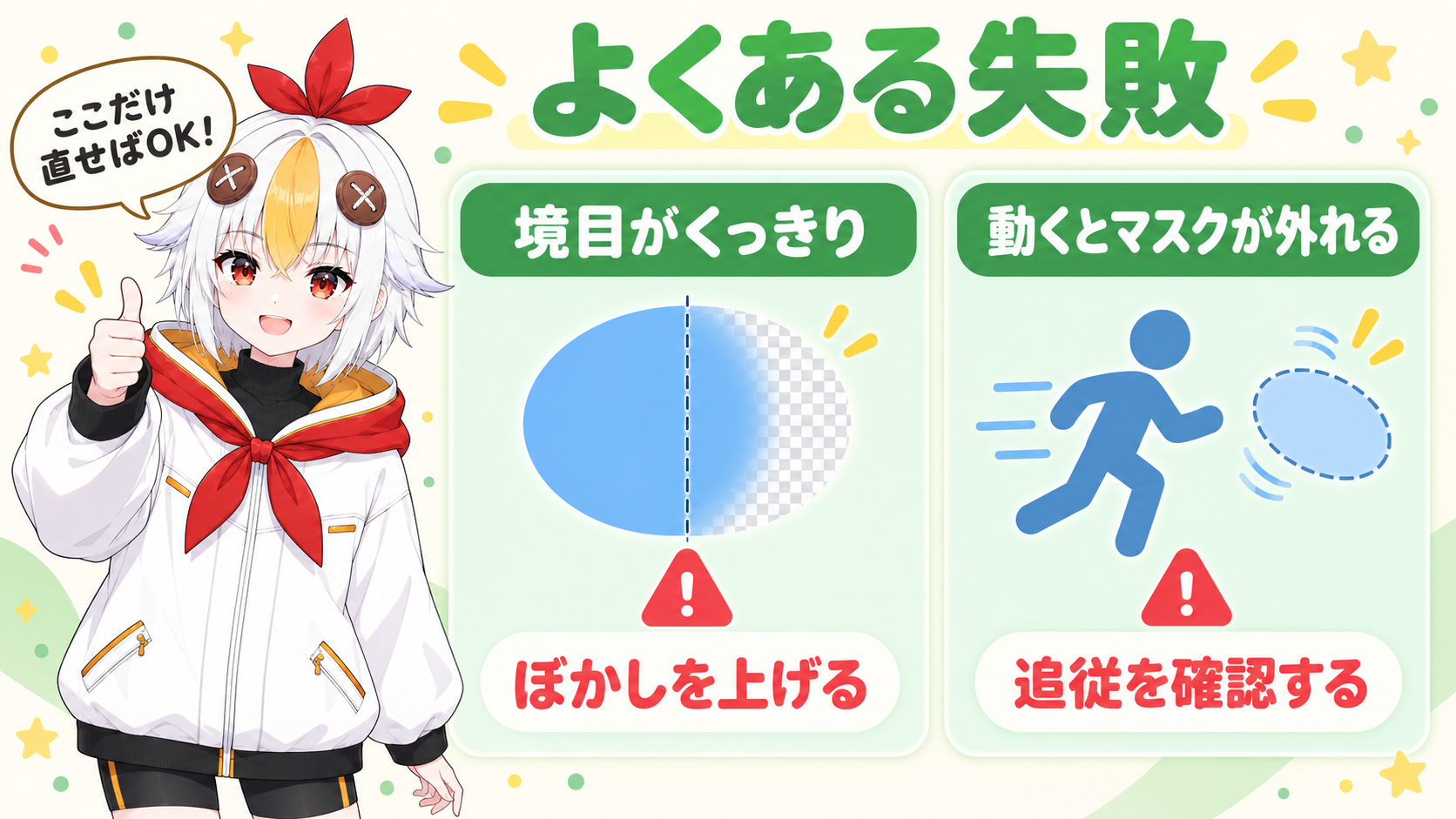 境目がくっきりして補正部分が浮いてしまう失敗と動く被写体でマスクがずれる失敗を示すインフォグラフィック