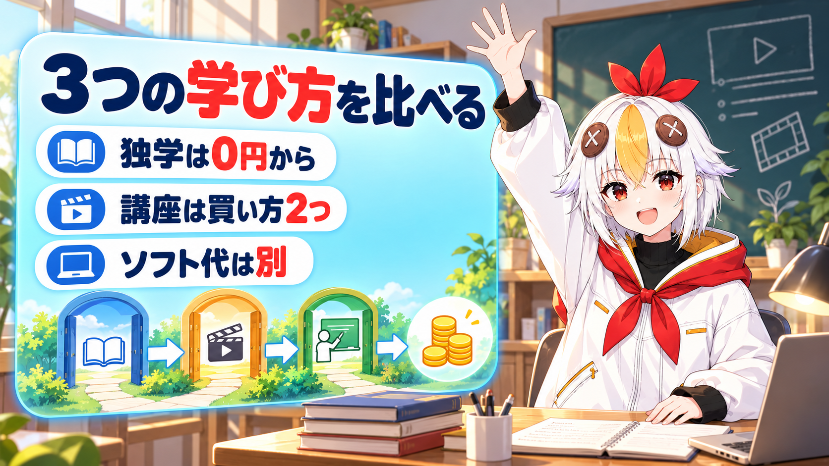 Premiere Proの学び方を、独学・オンライン講座・スクールの3つのルートと費用で比べるアイキャッチ画像