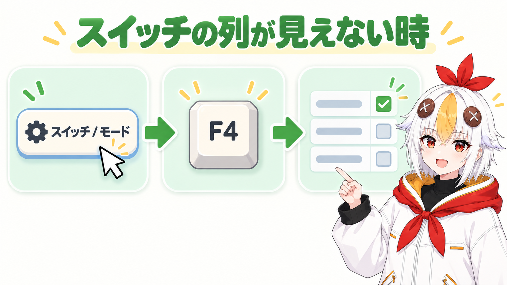タイムラインの下にあるスイッチ / モードのボタンか、F4キーで、スイッチの列とモードの列を切り替えられることを示すインフォグラフィック