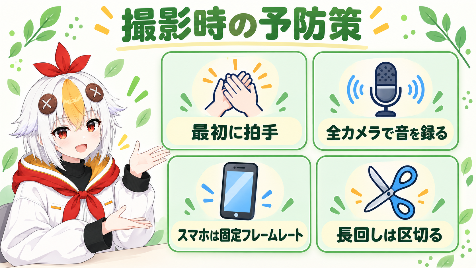 撮影の最初に拍手を入れる、すべてのカメラで音を録る、スマホ動画は固定フレームレートで撮る、素材は長時間つなげず区切って撮るという撮影時の4つの予防策を示すインフォグラフィック