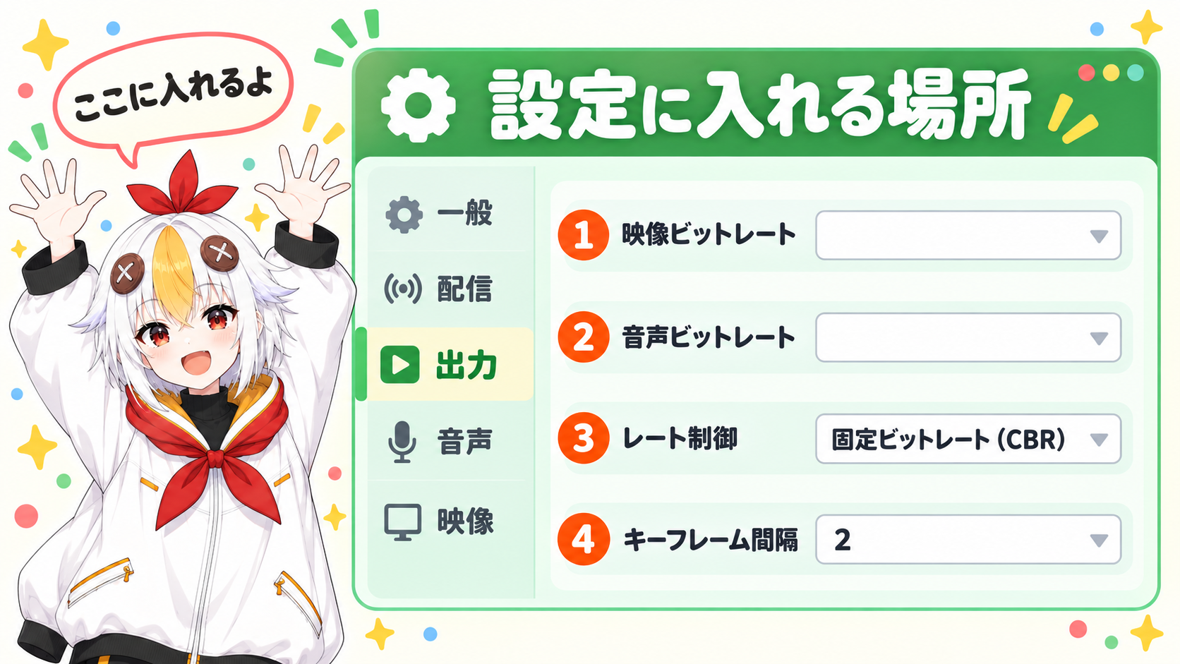 OBSの設定の出力で、映像ビットレート、音声ビットレート、レート制御、キーフレーム間隔の入れる場所を示すインフォグラフィック
