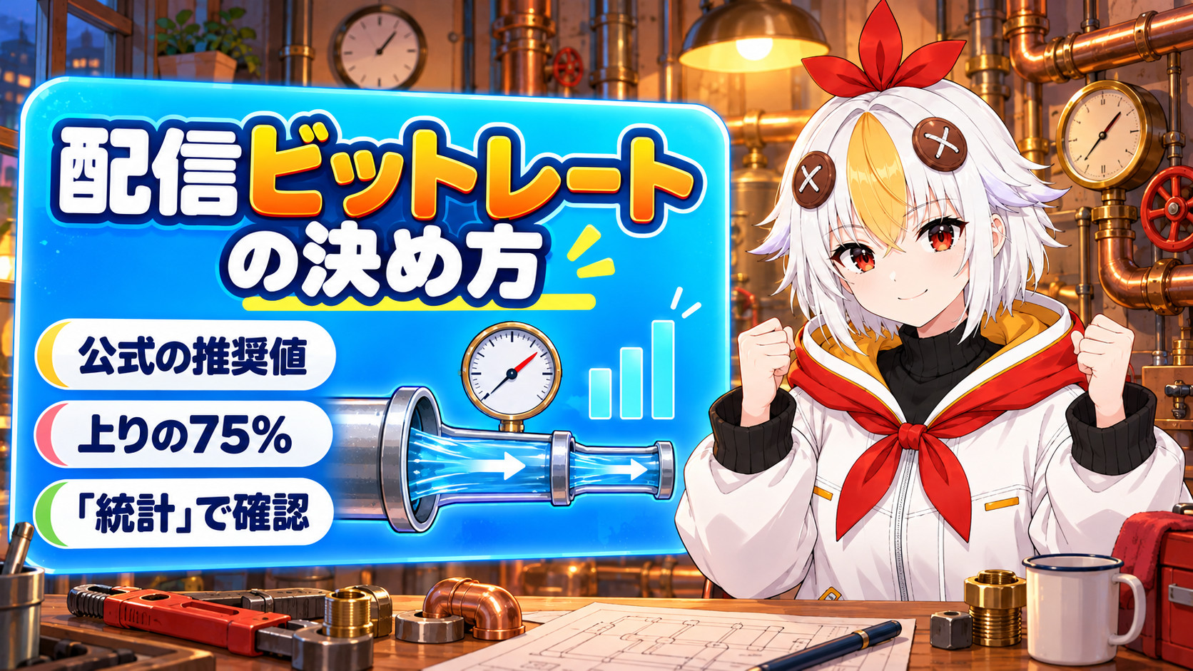 OBSの配信ビットレートの決め方を、YouTubeの推奨値と回線の上り速度で解説するアイキャッチ画像
