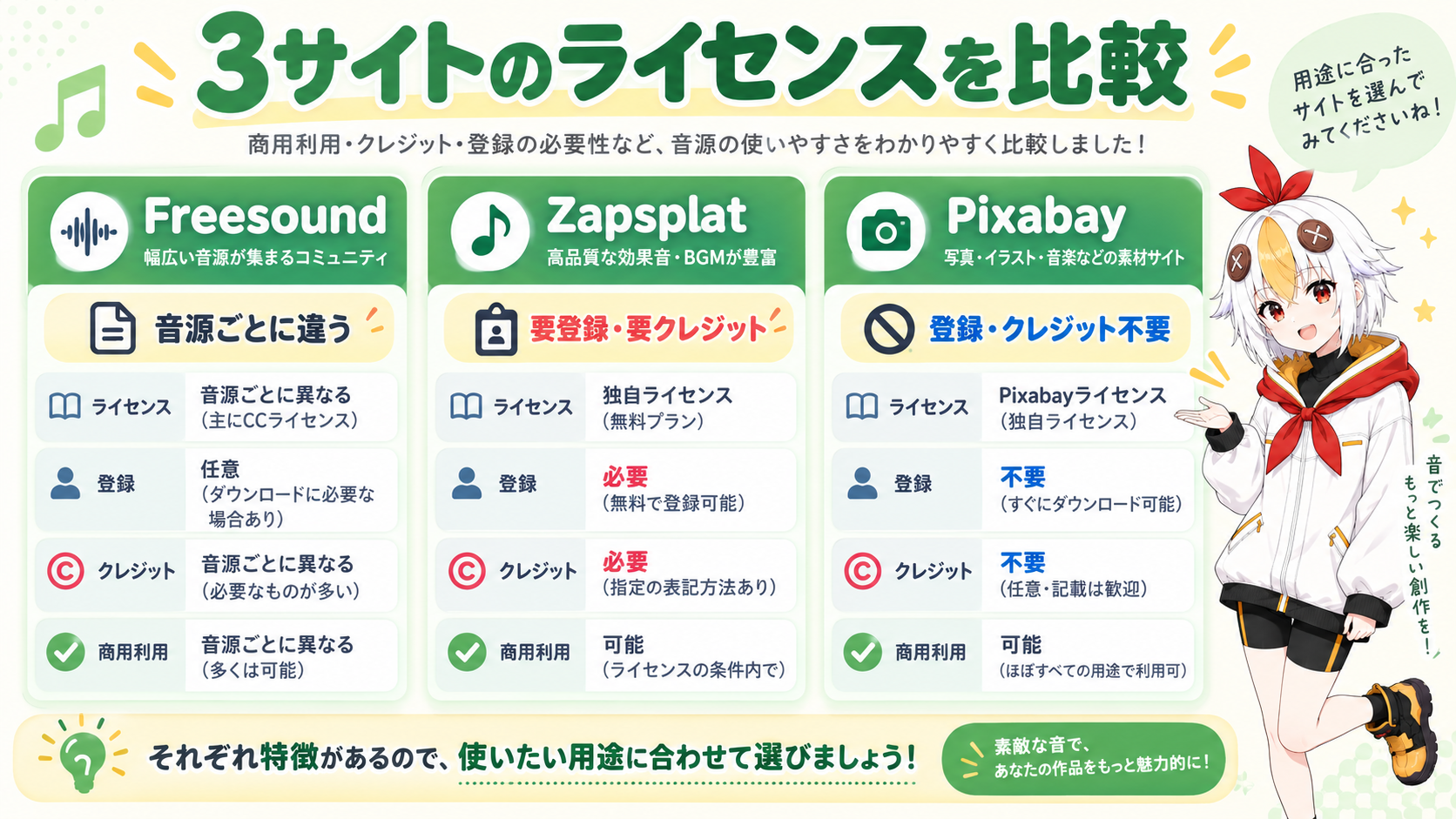 Freesound・Zapsplat・Pixabayのライセンスの違いを比較するインフォグラフィック
