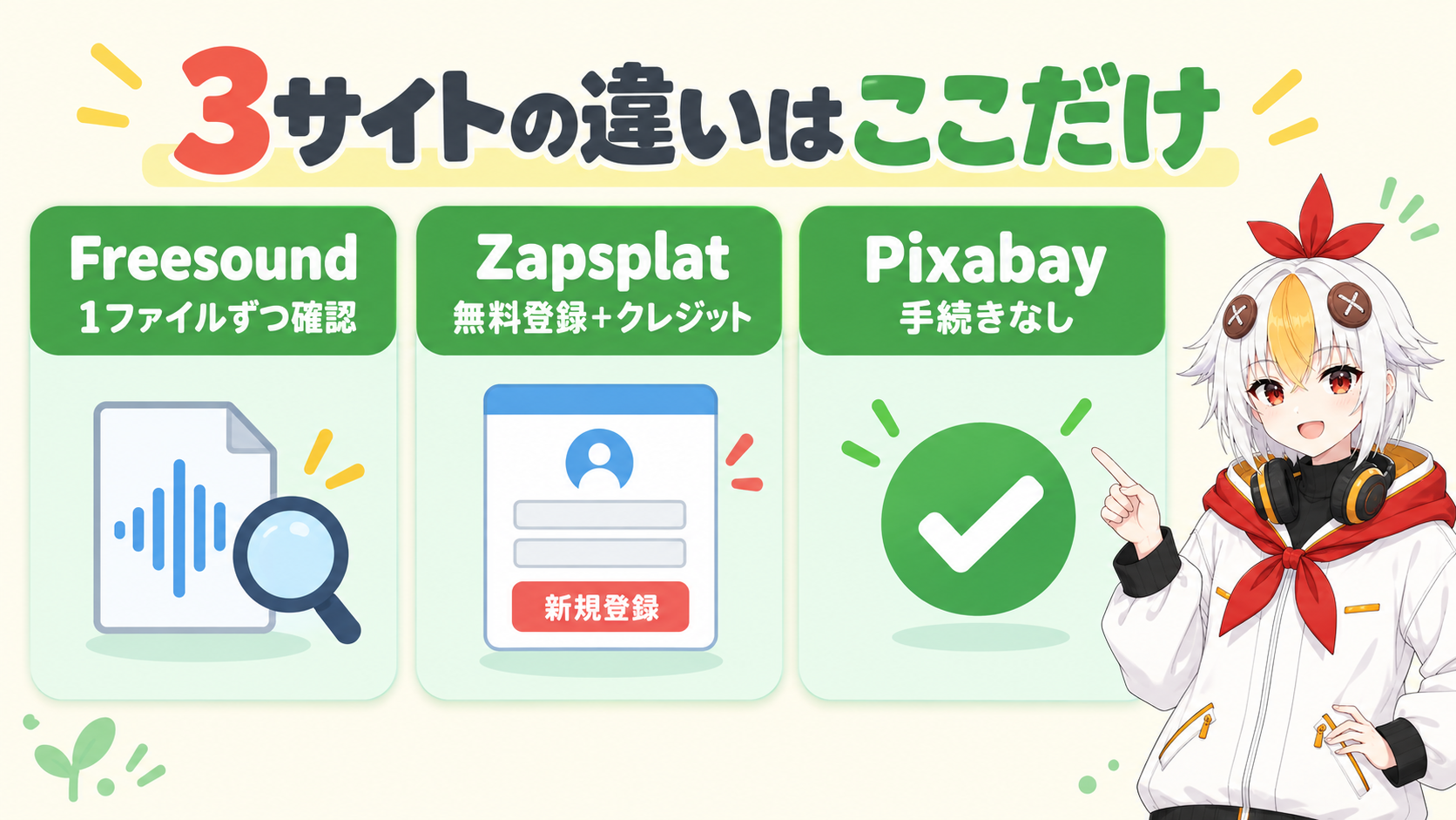Freesound・Zapsplat・Pixabayの違いを示すインフォグラフィック