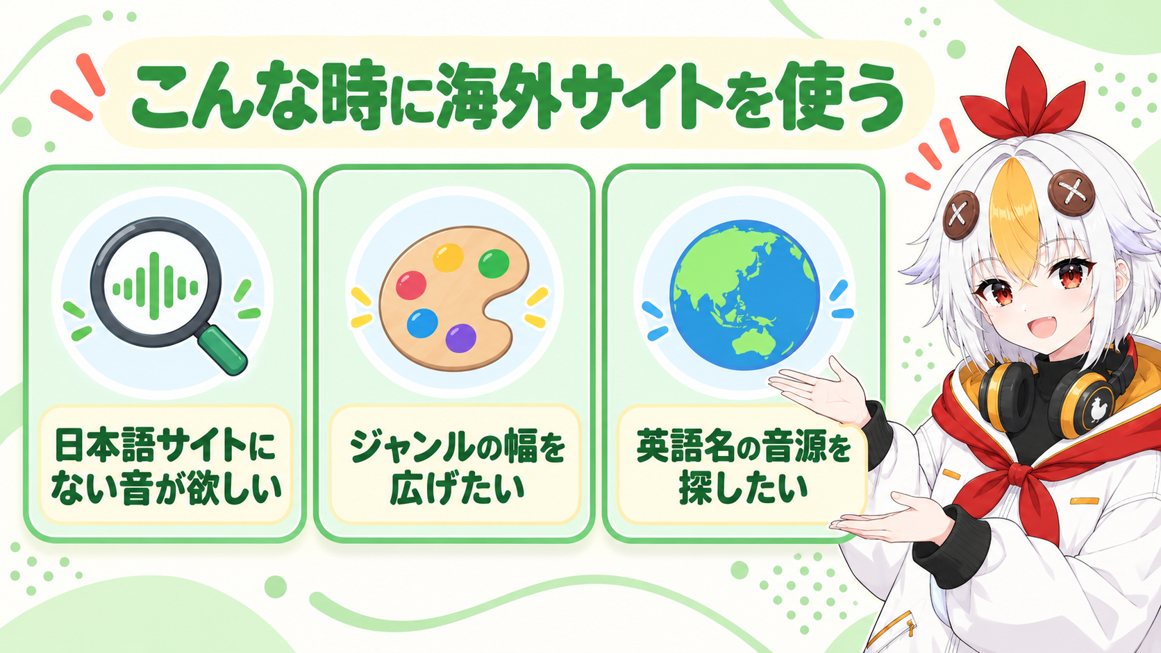 海外の効果音サイトを使う3つの場面を示すインフォグラフィック