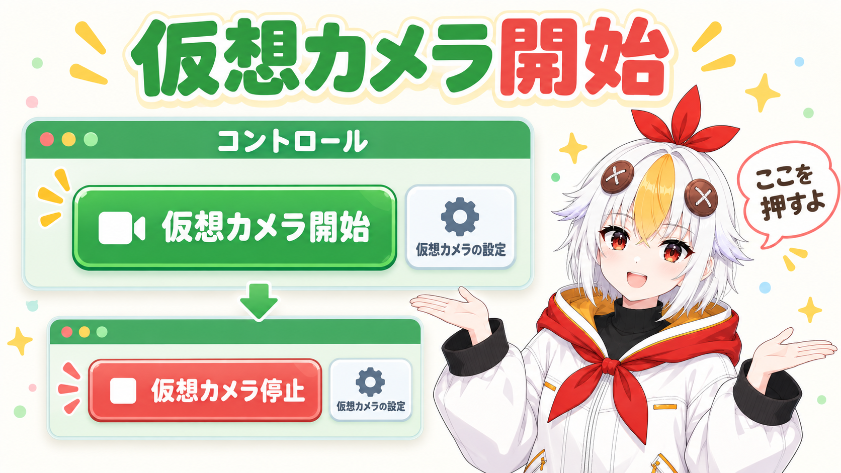 コントロールドックの中にある「仮想カメラ開始」のボタンと、その横の歯車の「仮想カメラの設定」を示した図