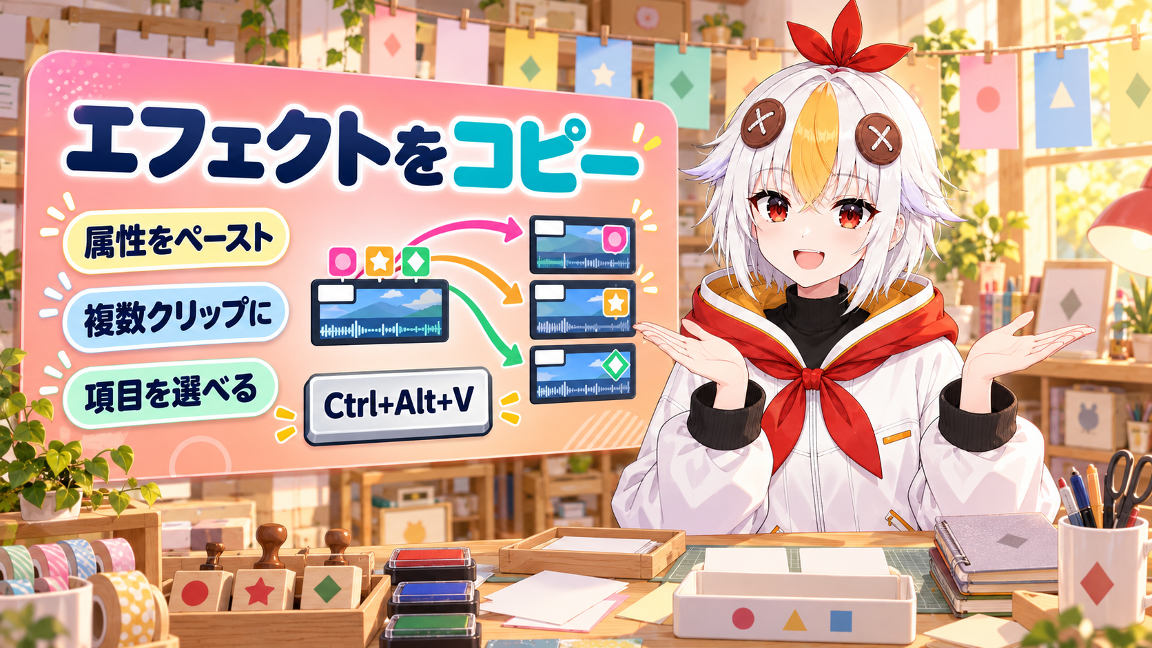 Premiere Proでエフェクトをコピーする方法を解説するアイキャッチ画像。属性をペーストで、1本目のクリップの設定をほかのクリップへまとめて貼る