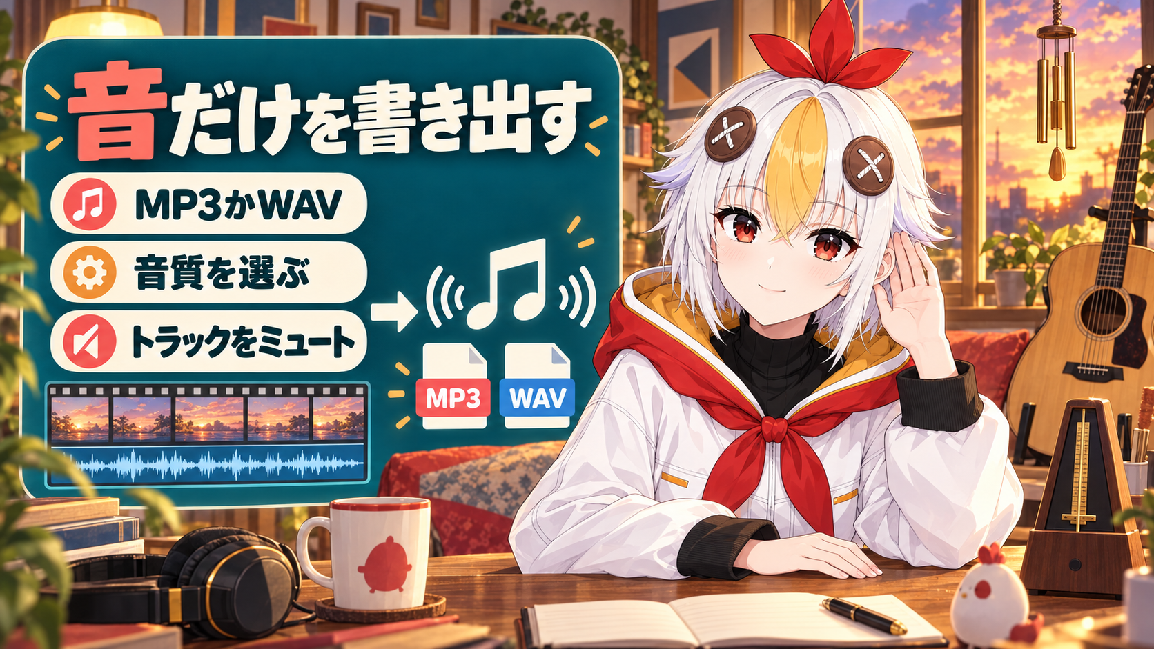 Premiereで動画から音声だけをMP3やWAVで書き出す手順と、2つの形式の選び方を解説するアイキャッチ画像