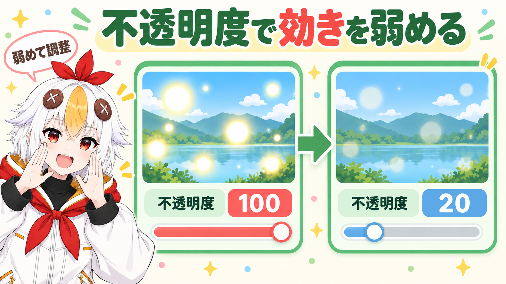 不透明度の数字を入れ直すと、重ねた光の素材が濃い状態から薄い状態に変わることを、2段階の枠で示した図