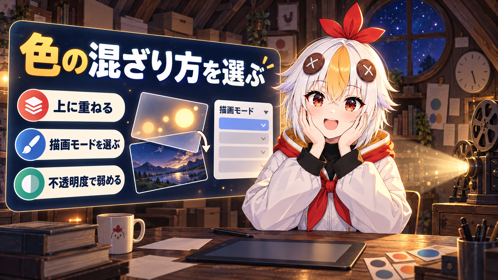 Premiereの描画モードで、上に重ねた素材と下の映像の色の混ざり方を変える使い方を、スクリーン・乗算・オーバーレイで解説するアイキャッチ画像