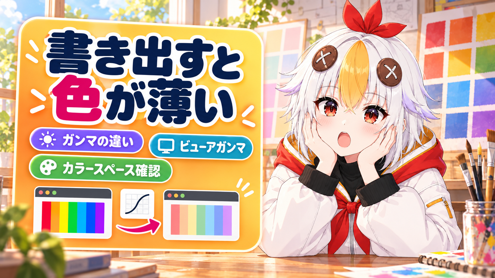 Premiereで書き出すと色が薄くなる原因を、編集画面の表示とほかの画面でのガンマの違いで説明するアイキャッチ画像