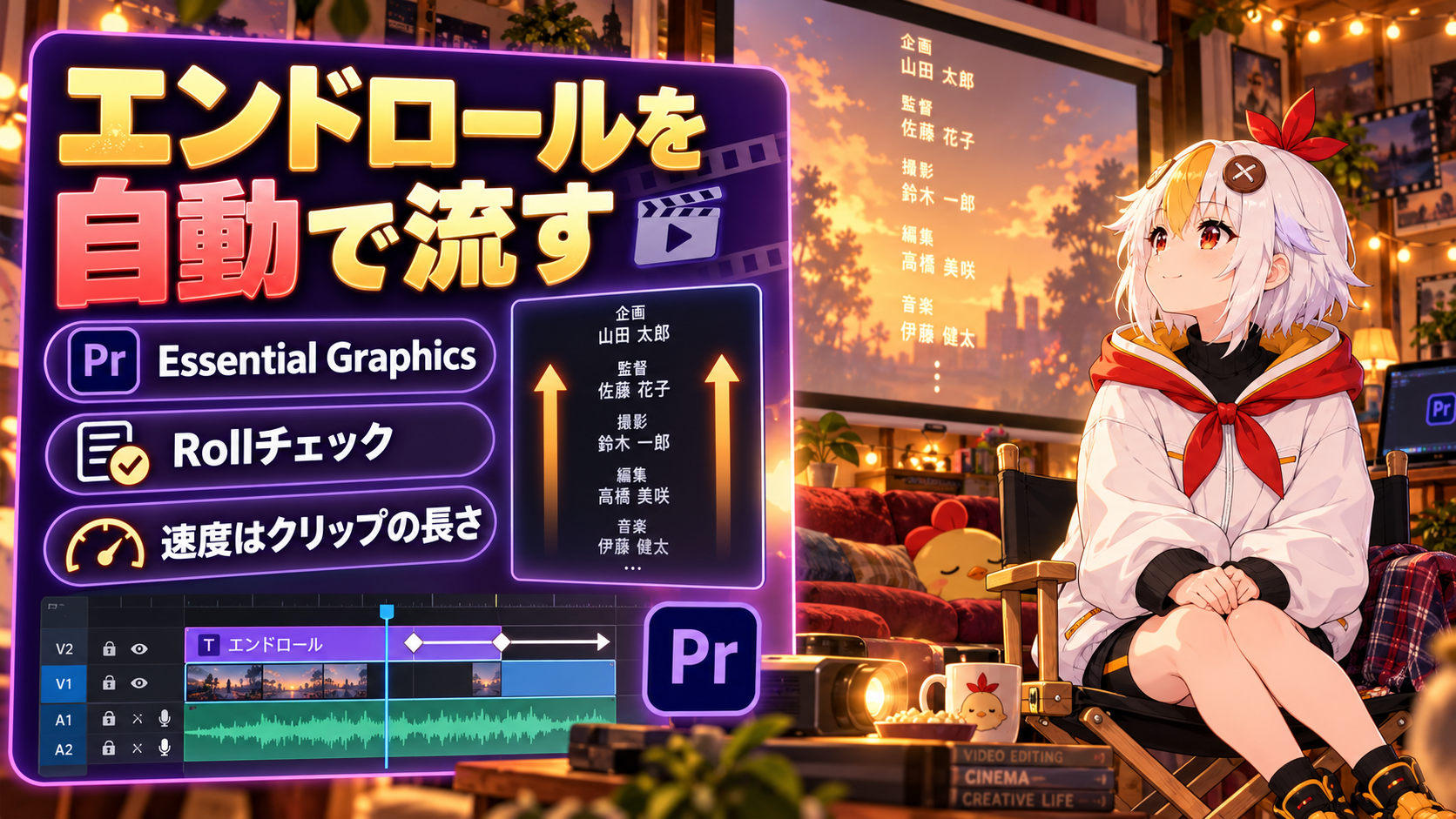 Premiere Proでロールクレジット（エンドロール）を作る方法を解説するアイキャッチ画像
