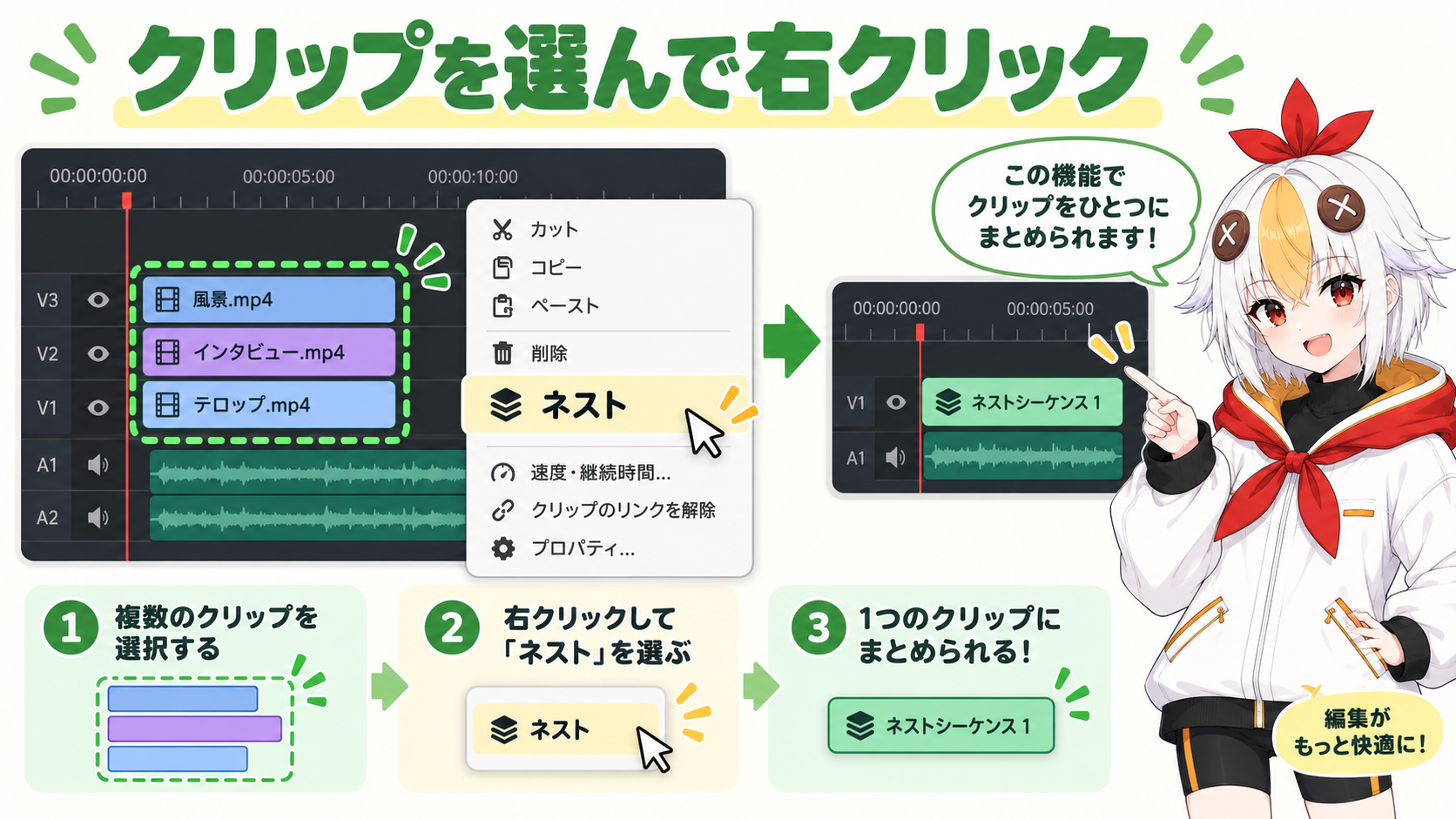 複数のクリップを選択してネストでまとめる手順を示すインフォグラフィック