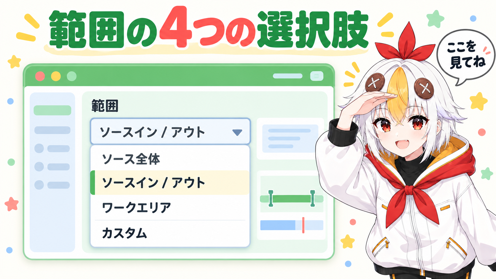 書き出し画面のプレビューにある範囲の欄から、ソース全体、ソースイン / アウト、ワークエリア、カスタムの4つの選択肢が出ている様子を、簡単なウィンドウの図で示したもの
