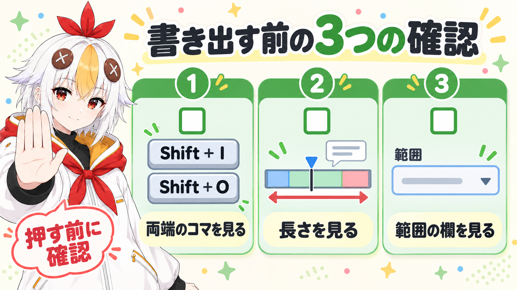 書き出す前の確認として、インへ移動とアウトへ移動のキーで両端のコマを見る、ワークエリアバーにポインターを合わせて開始と終了のタイムコードを見る、の2つを並べたカードの図