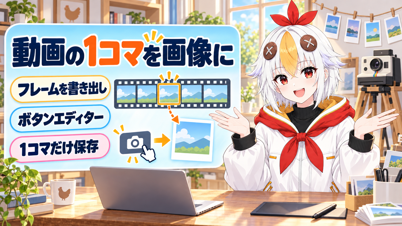 Premiereで動画の1コマを静止画として書き出す方法を、モニターのボタン・ダイアログ・保存の流れで解説するアイキャッチ画像