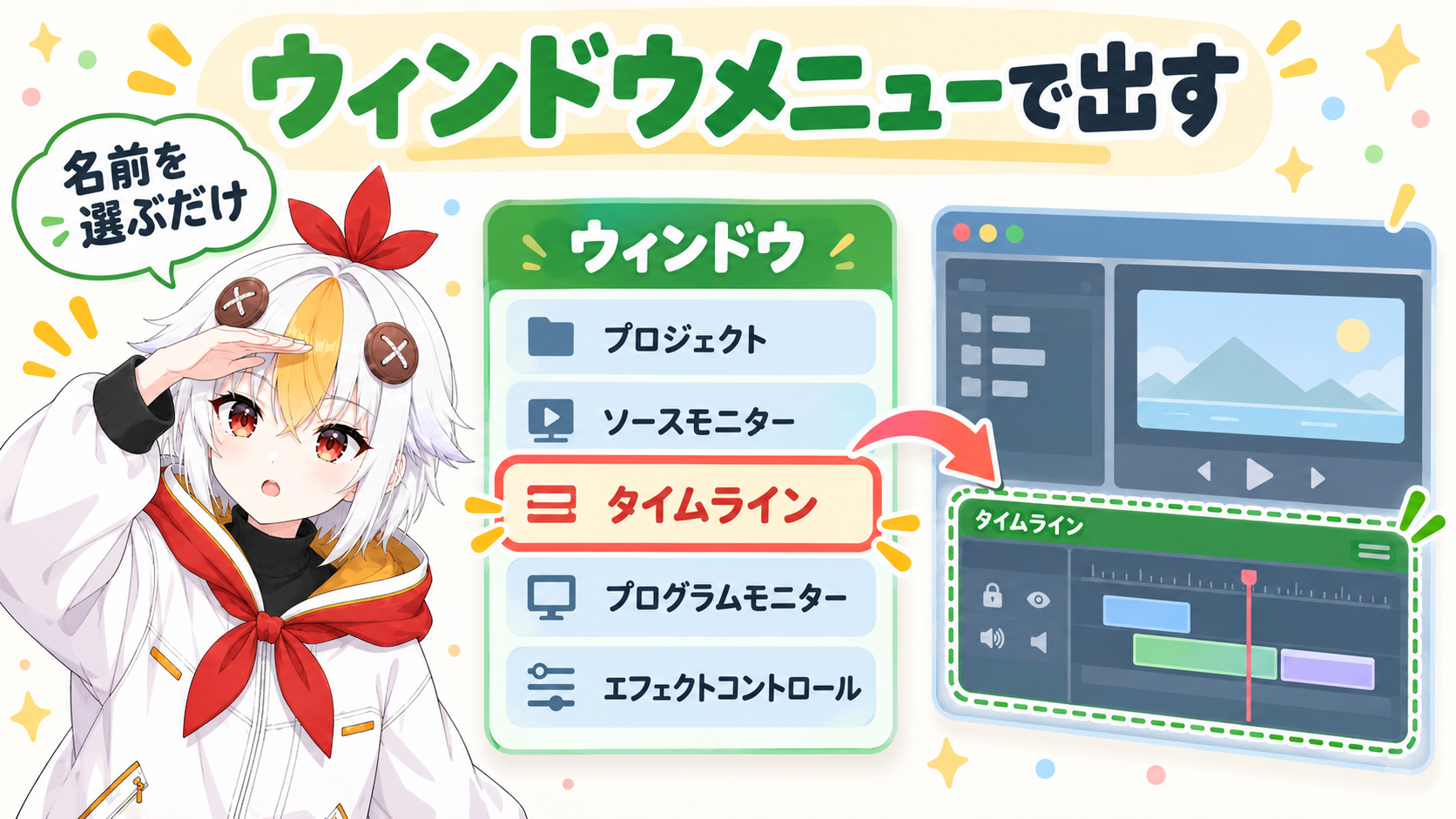 ウィンドウメニューにプロジェクト、ソースモニター、タイムライン、プログラムモニター、エフェクトコントロールなどのパネル名が並び、1つ選ぶとパネルが現れることを示すリスト形式の図