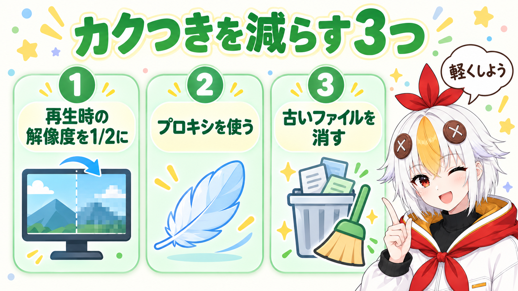 再生時の解像度を1/2に下げる、プロキシを使う、不要なレンダリングファイルを削除する、の3つの対処を並べたインフォグラフィック