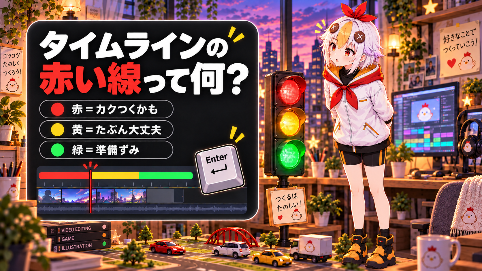 Premiere Proのタイムラインの赤い線・黄色い線・緑の線の意味と、Enterキーでレンダリングする手順を解説するアイキャッチ画像