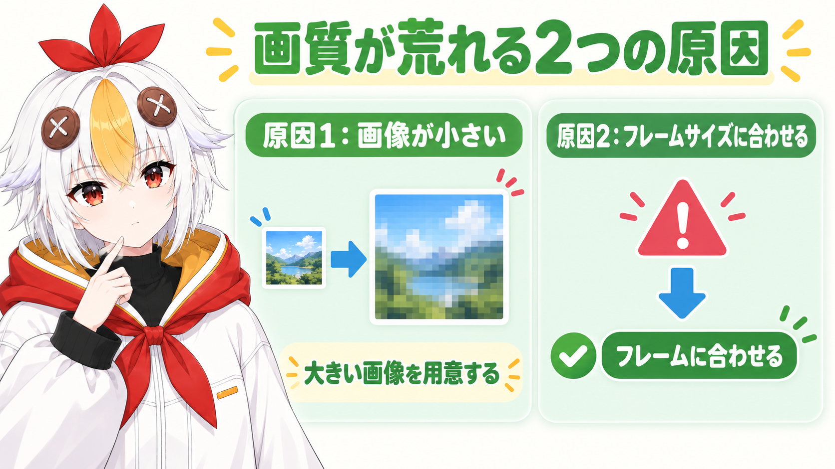 ズームで画質が荒れる2つの原因として、画像が小さいことと、フレームサイズに合わせるを使っていることを示し、フレームに合わせるに変えると元の画質を保てることを説明するインフォグラフィック