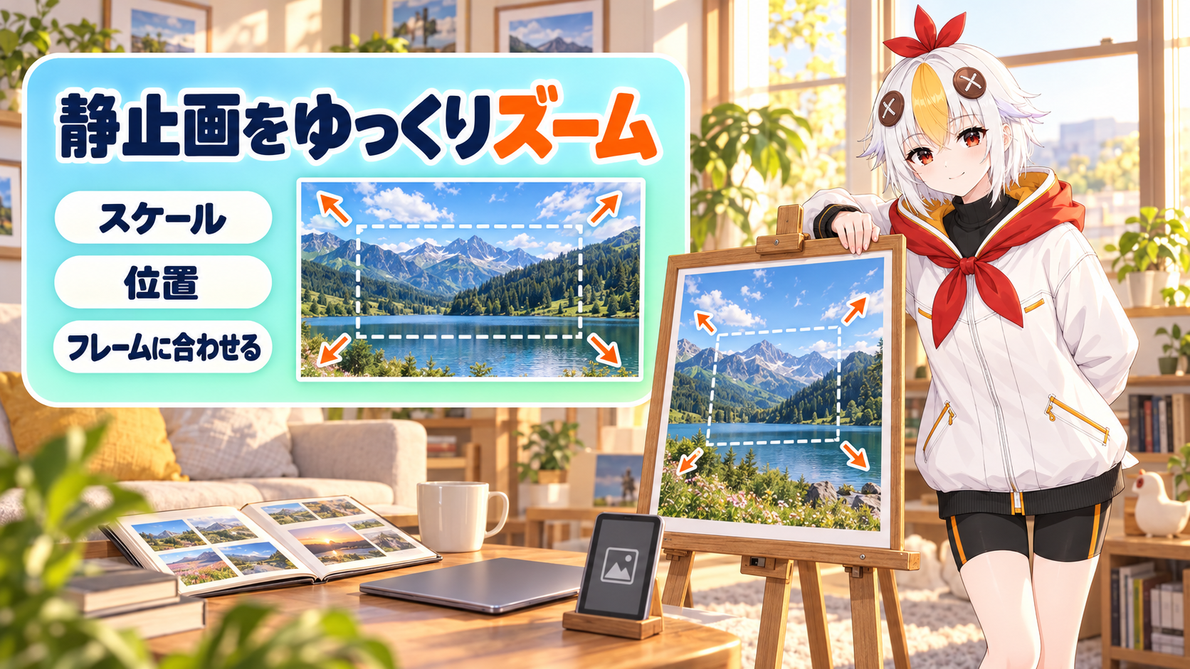 Premiere Proで静止画をゆっくりズームして、じわっと動かす方法と、画質が荒れる時の直し方を解説するアイキャッチ画像