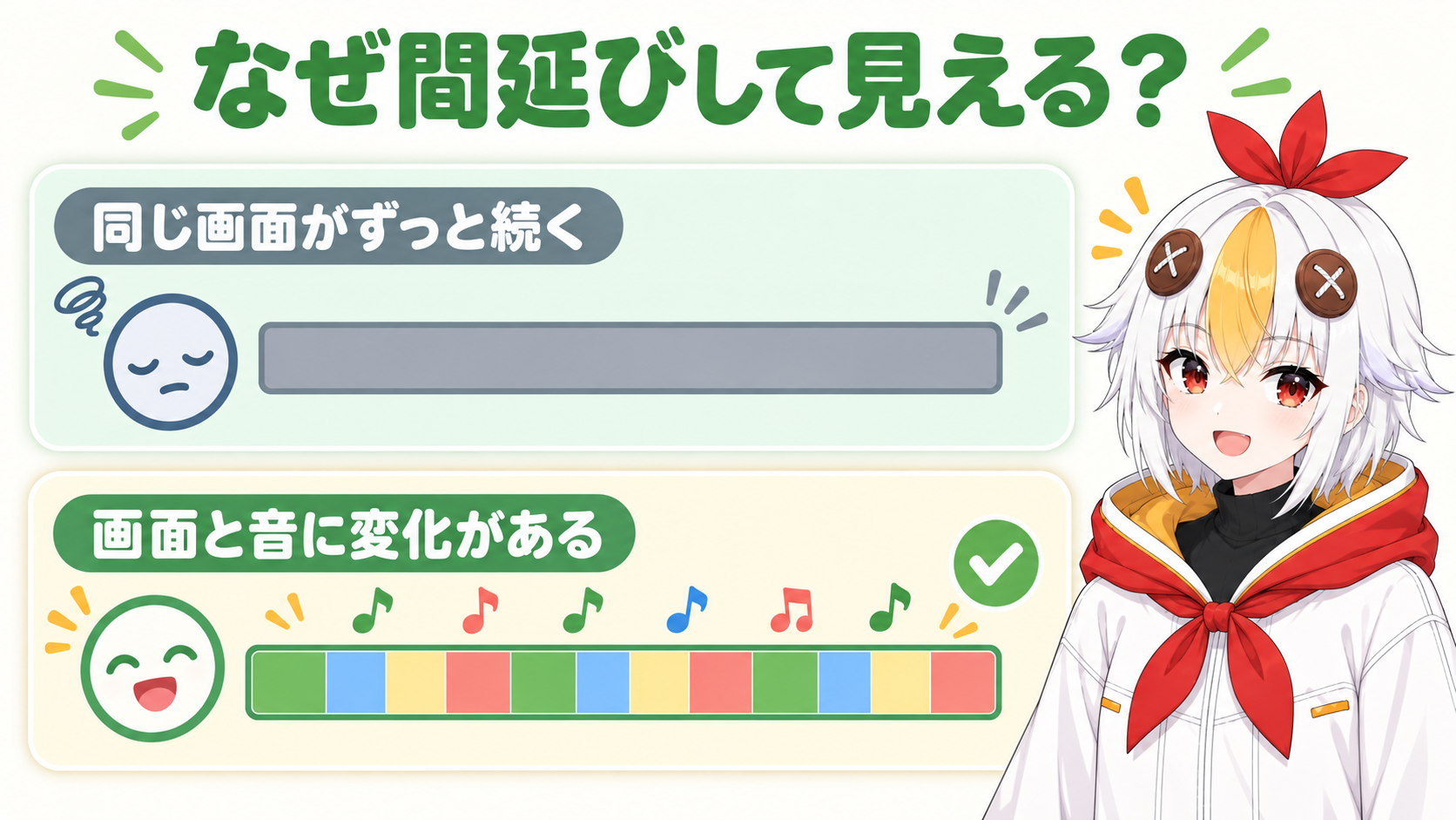 同じ画面が長く続く動画は間延びして見え、画面と音に変化を入れ続けると飽きにくくなることを比較するインフォグラフィック