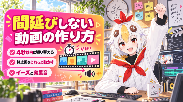 間延びしない動画の作り方【2026年版】素人っぽさが抜ける4つのひと手間（4秒・ズーム・イーズ・効果音）