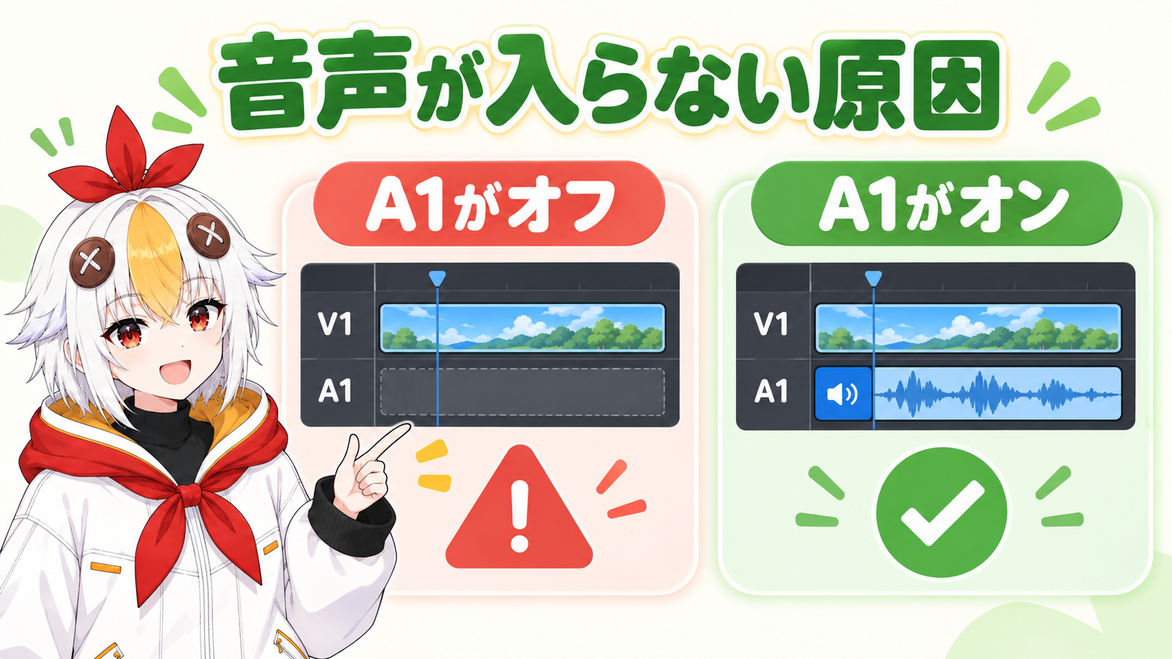 左端のソースパッチのA1がオフだと映像だけが入り、A1をクリックして青くすると映像と音声の両方が入ることを比較するインフォグラフィック