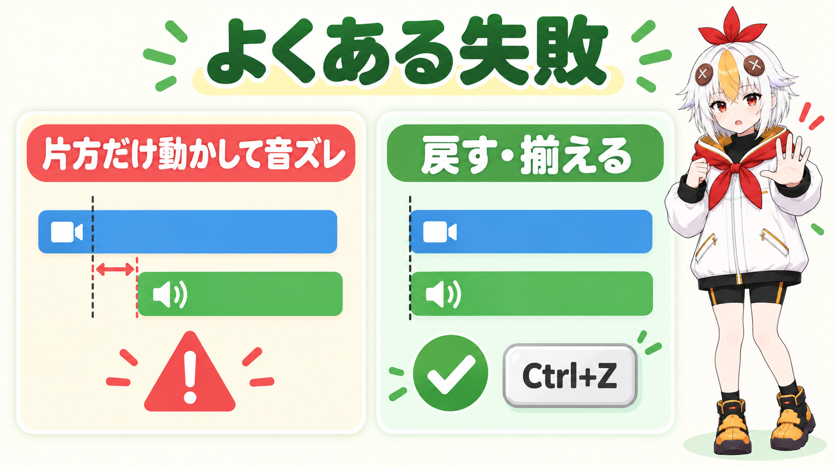 片方だけ動かして音ズレが起きる失敗と、リンクを戻して同期を保つ対処を比較するインフォグラフィック