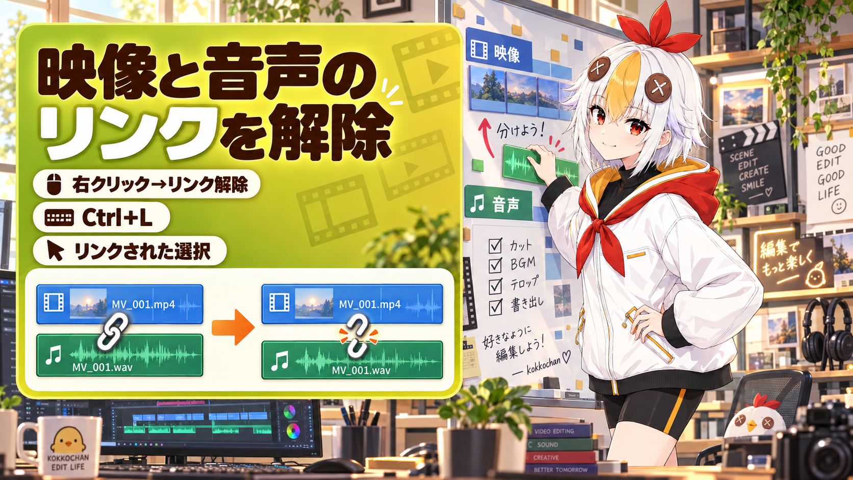 Premiere Proで映像と音声のリンクを解除して別々に動かす方法を解説するアイキャッチ画像
