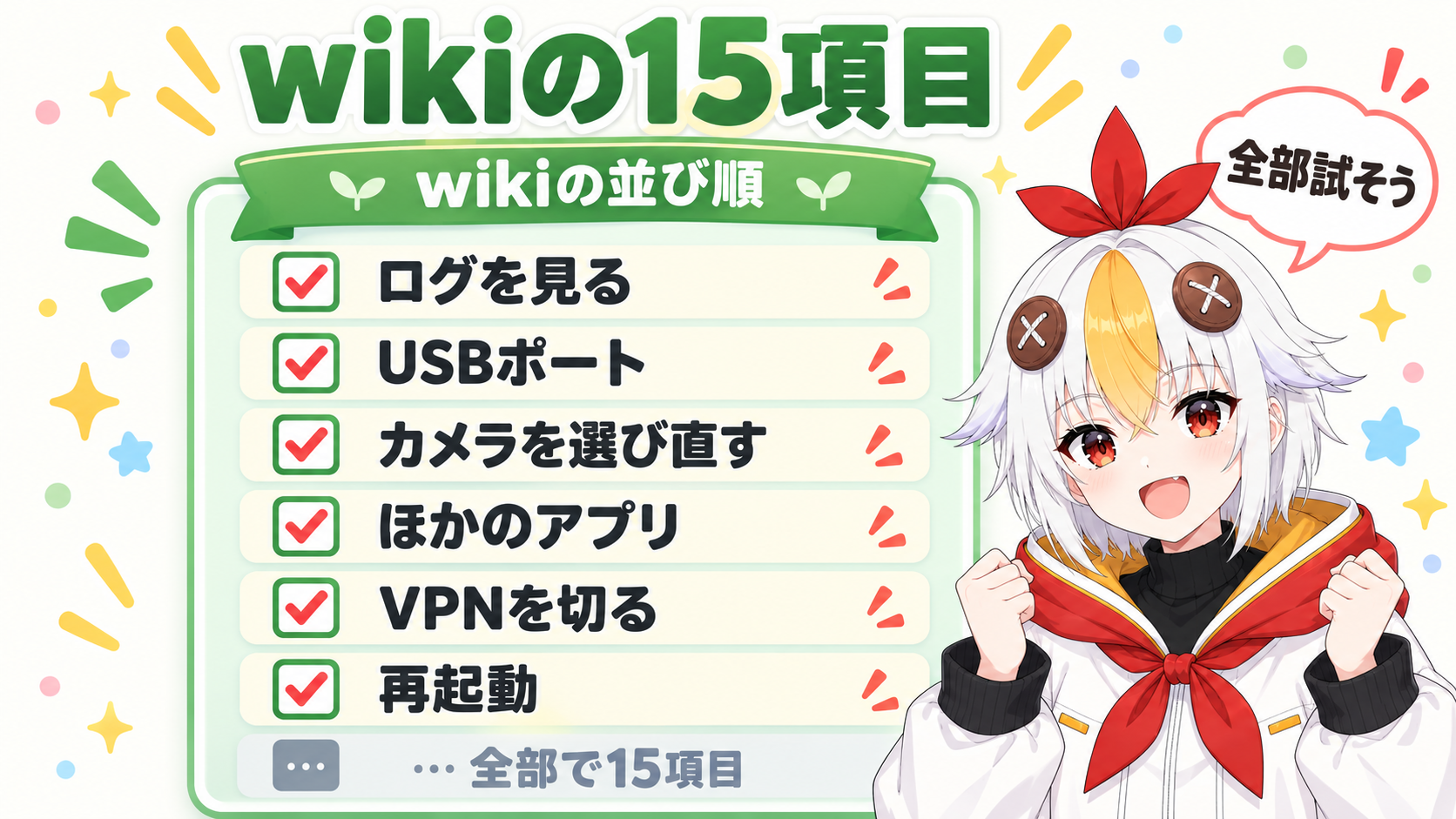 wikiの見出しの順に、ログの確認、USBポート、カメラの選び直し、ほかのアプリの使用などを縦に並べた札の図