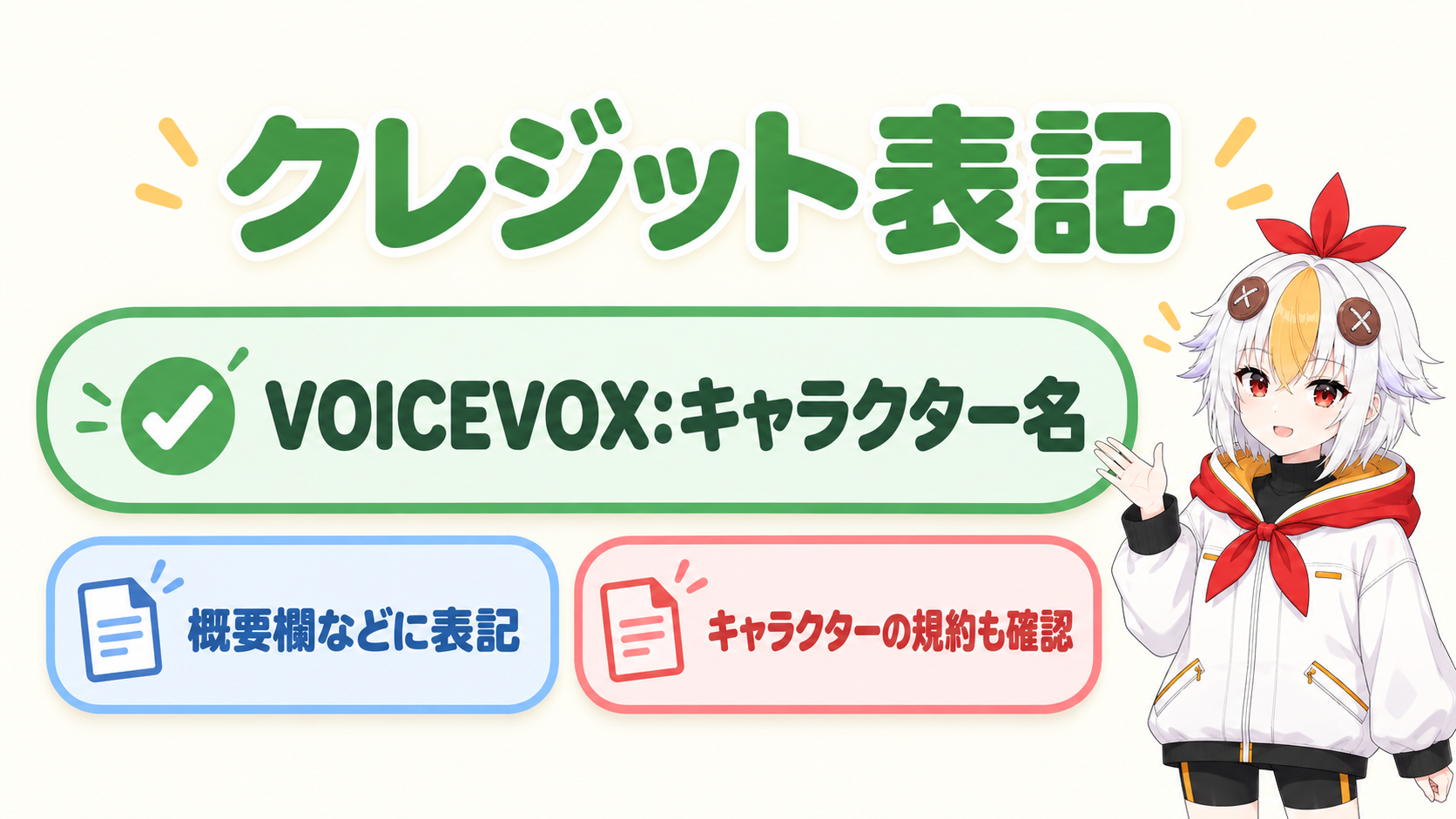 動画で使う時にVOICEVOXコロンキャラクター名の形でクレジットを表記する必要があることと、キャラクターごとの規約も確認することを示すインフォグラフィック