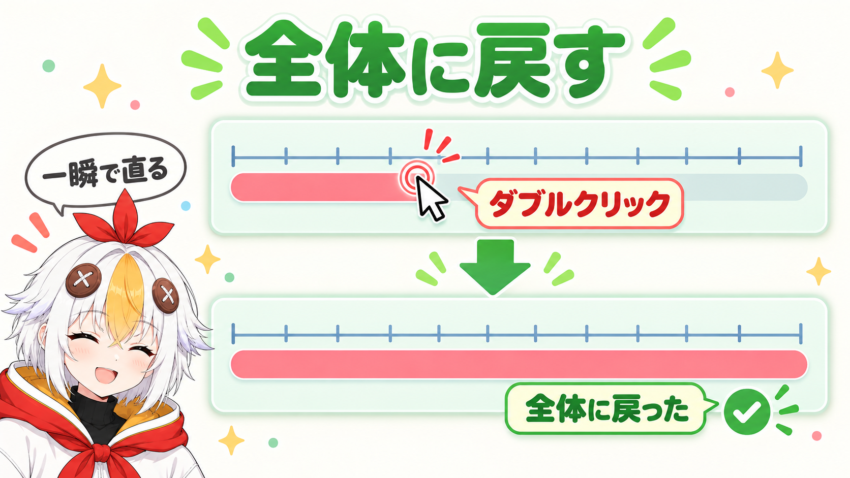 短くなったワークエリアの帯の真ん中をダブルクリックすると、コンポジションの端から端まで広がることを示すインフォグラフィック