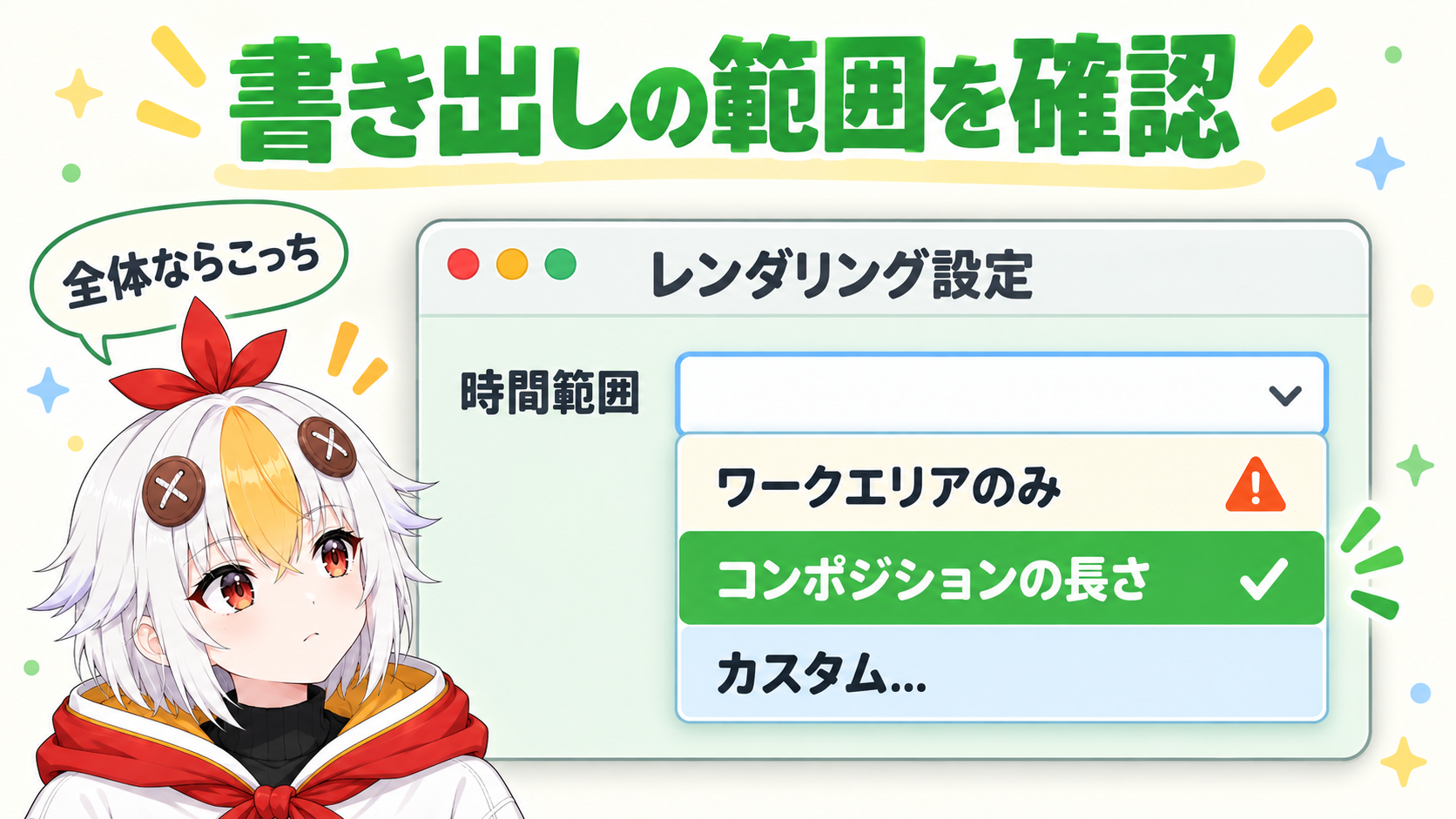 レンダーキューのレンダリング設定を開き、時間範囲をワークエリアのみからコンポジションの長さに変えることを示すインフォグラフィック