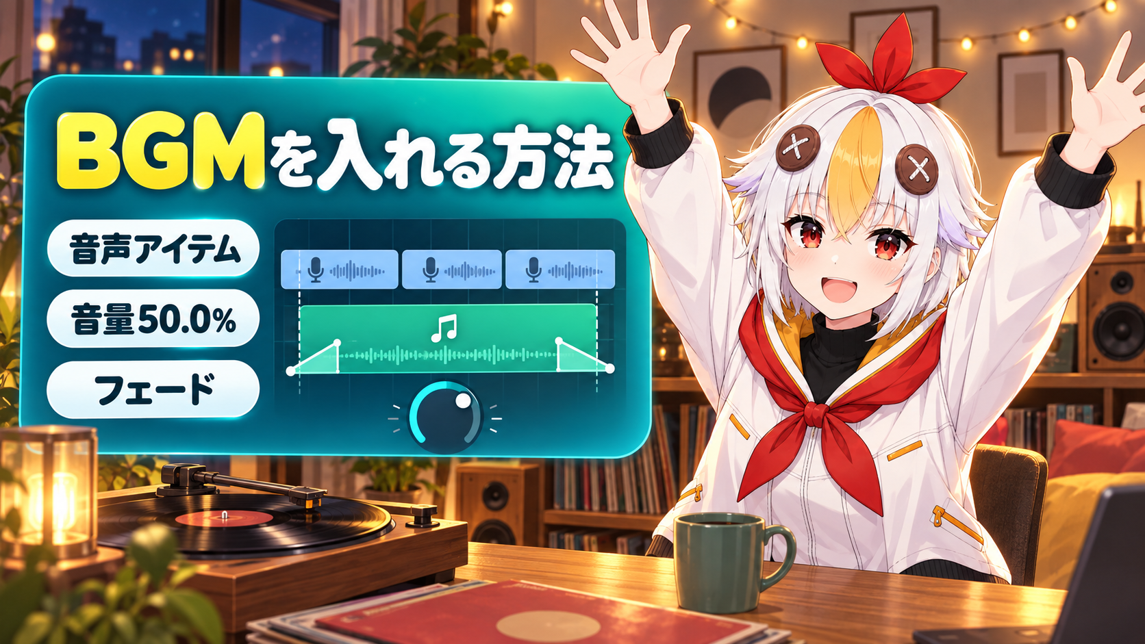 YMM4のタイムラインに音声アイテムでBGMを置き、音量とフェードを設定する流れを示すアイキャッチ画像