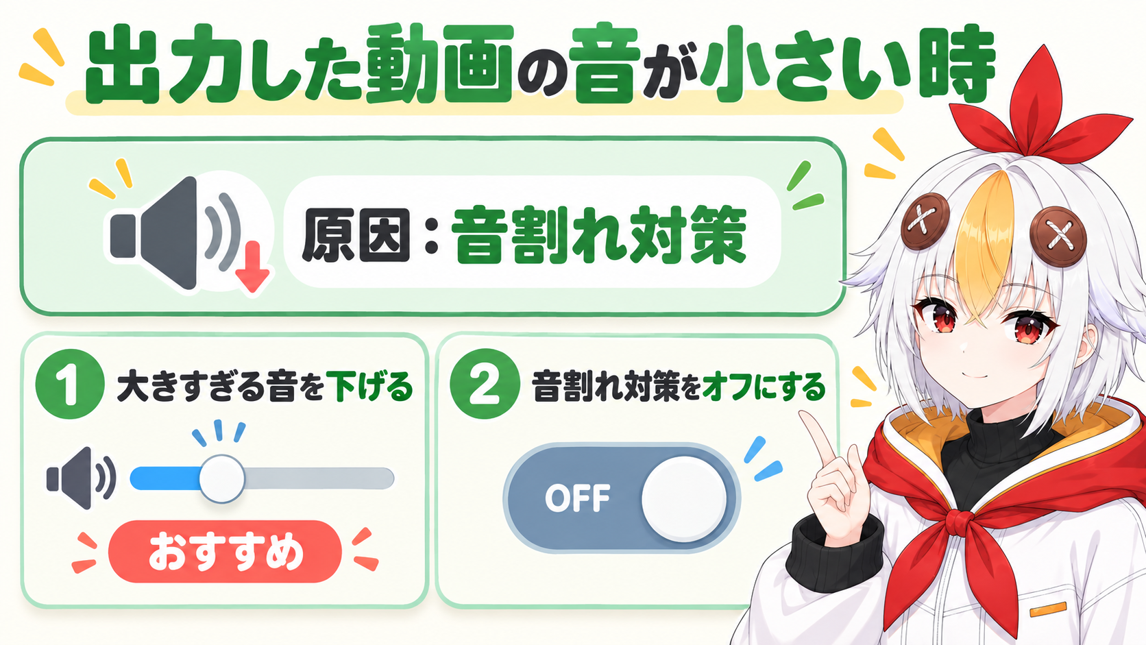 出力した動画の音が小さいのは音割れ対策機能が原因で、極端に大きい音のアイテムを下げるか、出力ウィンドウのその他で音割れ対策をオフにすることを示すインフォグラフィック